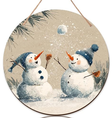 Snow Man Willkommensschild für Haustür, Winter verspielte Schneeball Kiefer Winter Blau Holz Türschilder für vorne außen Veranda Dekor Außeneingang 1 Stück