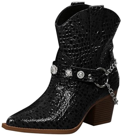 Cowboy-Stiefeletten für Damen, Metallic-Lack-Kettenschnalle, Reitstiefel, spitzer Zehenbereich, Motorradstiefel, dicker Blockabsatz, Wanderstiefel, weite Passform, stilvolle Party-Anziehschuhe