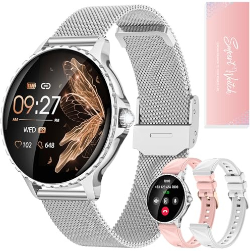 Smartwatch Damen, 1.27 Rund Armbanduhr mit Telefonfunktion, 3 Armbänder, Diamant-Design, 200 Zifferblätter, Herzfrequenz SpO2 Schlaf Menstruationszyklus, 113 Sportmodi iOS Android Silber Geschenkbox