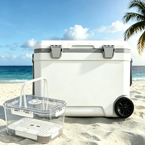 WISD Nevera portátil con ruedas de 45 l – Cubo de alimentos con cierre de metal, mantiene el hielo hasta 4 días (96 h), recipiente aislado para camping, picnic y exterior (blanco)