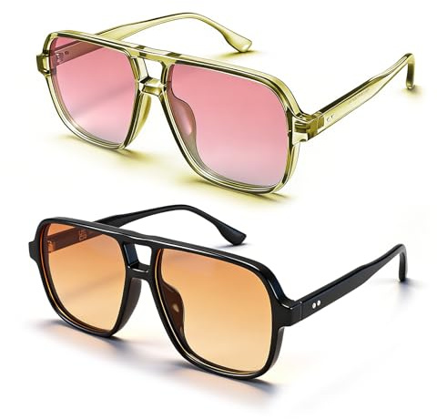 SREBIWO 2 Paar Retro Sonnenbrille für Damen Herren, Groß 70er Jahre Pilot Sonnenbrille Pilotenbrille, Square Sonnenbrille mit UV400 Schutz