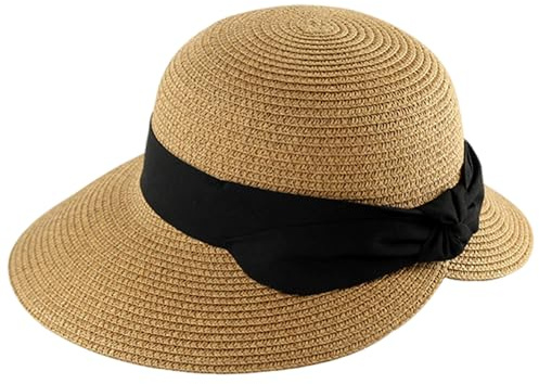 Sombrero de Paja, Sombreros de Paja para Mujer, Sombrero de ala Ancha con protección UV con Cinta Negra, Gorra de Playa de Verano Plegable y Transpirable para Viajes, Vacaciones