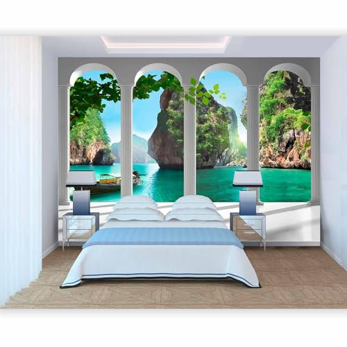 murando - Papier peint panoramique moderne 400x280 cm - Revêtement mural décoration pour chambre salon - Design unique et moderne - Vert blanc - Colonnes mer nature paysage eau 10110903-13