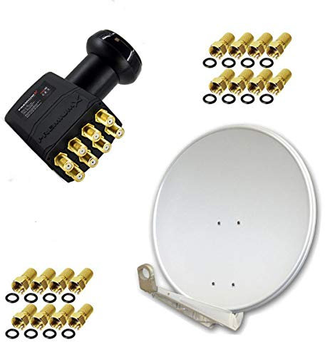 Premium X DELUXE80 Aluminium 80cm Antenne Digital SAT Schüssel Spiegel in Hellgrau für HDTV HD+ 4K mit LNB Octo 0,1dB zum Direktanschluss von 8 Teilnehmern inkl. 16x F-Stecker