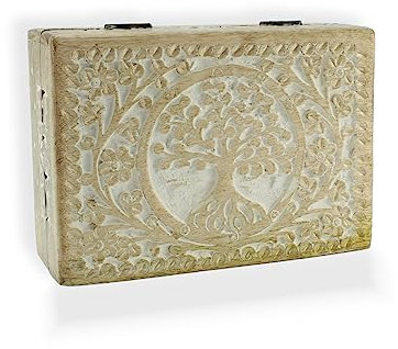 Budawi® Holztruhe aus Mangoholz Motiv Lebensbaum Holzbox Holzkiste Schmuckkästchen Schatulle weiß gekalkt