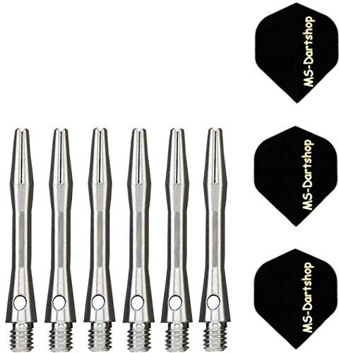 MS-DARTSHOP MS Dart Aluschäfte, 2 Satz = 6 Stück, Incl. 1 Satz Flights (Silber Short, 34)