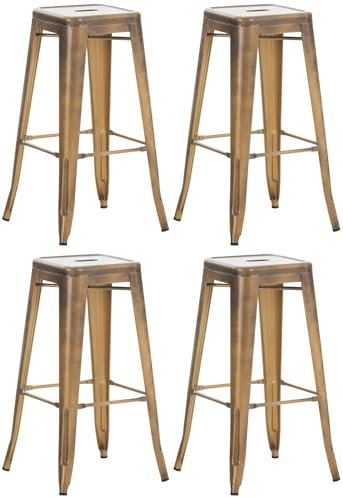 CLP 4er Set Barhocker Joshua I Stapelbare Tresenhocker aus Metall I Barstühle mit Fußstützen I Sitzhöhe 76 cm I Stapelhocker, Farbe:Gold