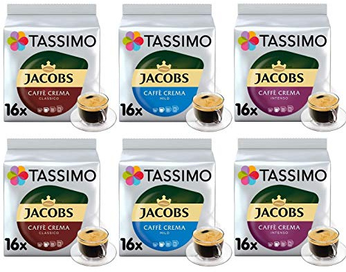 Tassimo Kaffee Jacobs Café Crema Selektion - Jacobs Caffé Crema Mild/Classico/Intenso Kaffeekapseln - 6 Packungen (96 Getränke)