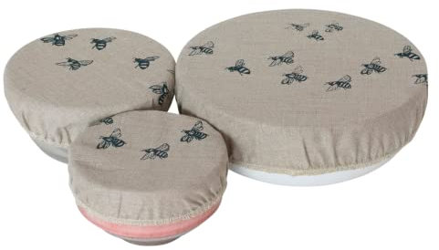 Reusable Bowl Covers, Set of Three, Natural Linen, elasticated with hand printed bee design. Machine washable