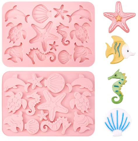 Confezione da 2 stampi in silicone a tema oceano, stella marina, conchiglia, tartaruga, delfino, cavalluccio marino, fondente, gioielli, resina, per pasticceria, decorazione torte, ciondoli fai da te