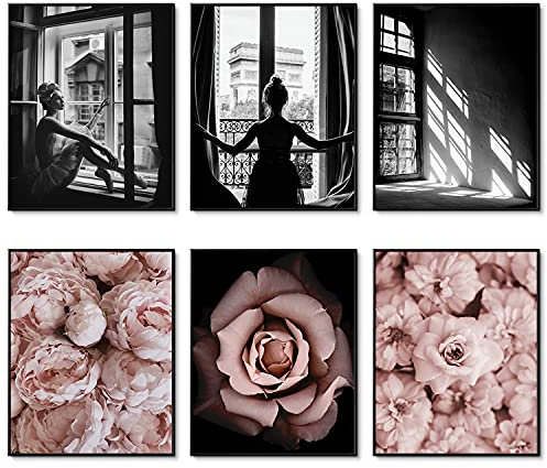 Affiches Murales de Mode - Lot de 6 Art Noir et Blanc Fleur de Roses à la Mode Florales - Toile pour Décor de Chambre de Filles 11x14 (27.9x35.6cm) Sans Cadre