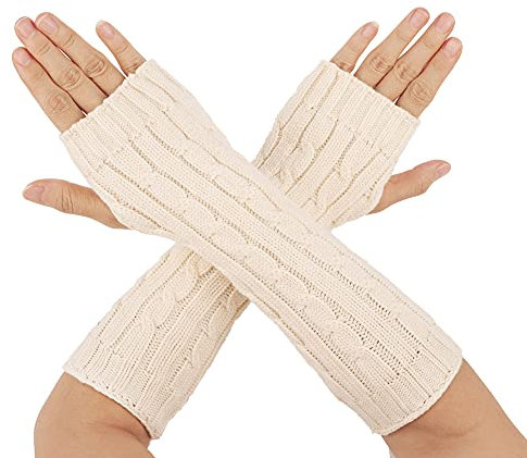 Flammi Damen Strick Armstulpen Fingerlose Handschuhe Daumenloch Handschuhe Fäustlinge zum Tippen Fahren Cosplay, beige, Medium
