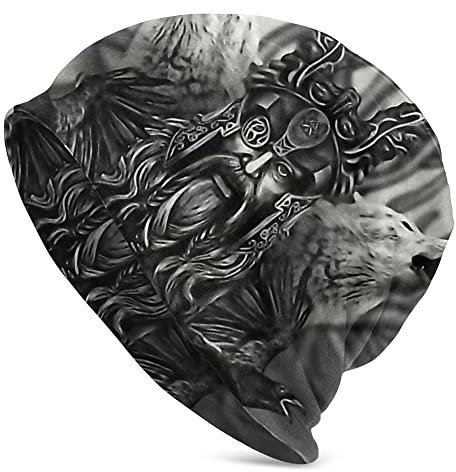 WSXJJ Wikinger Beanie-Kappe 3D-gedruckte Strickmütze für Herren Mode Hip-Hop Herbst Winter Warme Mütze Cosplay Nordisches Geschenk,Odin