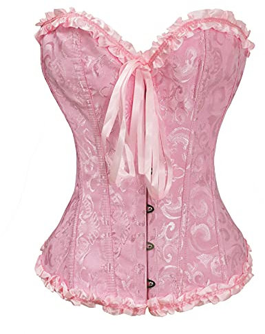 Bslingerie® Women Gothic Floral Lace Satin Overbust Corset (M, Pink)