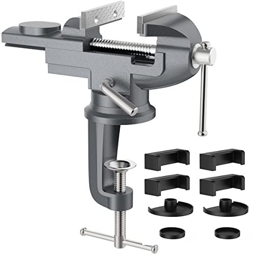 Housolution Tornillo de Banco Mordazas Universal 70 mm, 360° Grado Abrazadera de Banco de Base Giratorio Multiángulo, Herramientos Portátil Hogar de Reparación con Agarre para Mesa, Carpintería - Gris