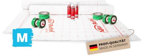 Alfa Dach-Innenausbau Set M – Komplettset inkl. Folie, Klebeband und Kleber | Profi-Qualität – Dampfbremssystem mit Folie - Klebeband und Kleber für den luftdichten Dach-Innenausbau
