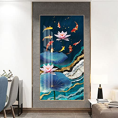 HOLEILUCK Chinesischer Stil Koi Leinwand Gemälde Wandkunst Feng Shui Fisch Poster Drucke Karpfen Lotus Teich Bilder Wohnzimmer Dekor 40x80cm(15.75x31.50in) mit Rahmen