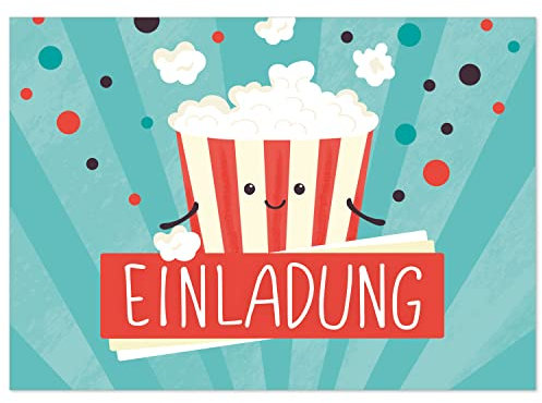 8 Einladungskarten Kindergeburtstag mit Umschlägen, Popcorn Kino Film, Karte Geburtstag Einladung zum Ausfüllen