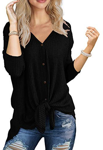 IWOLLENCE Women's Waffle Knit Tunic Knot Tie Blouse Long Sleeve Tops V-Neck Casual Loose Bat Wing Shirts (Black, XL)