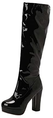 Langschaft Damen PU Stiefel Mode High Heel Boot Overknee Stiefel Plateau Stiefel mit Blockabsatz Vintage Hohe Ritterstiefel zum Schnüren Plattform Reitstiefel Elegante Kleid Stiefel