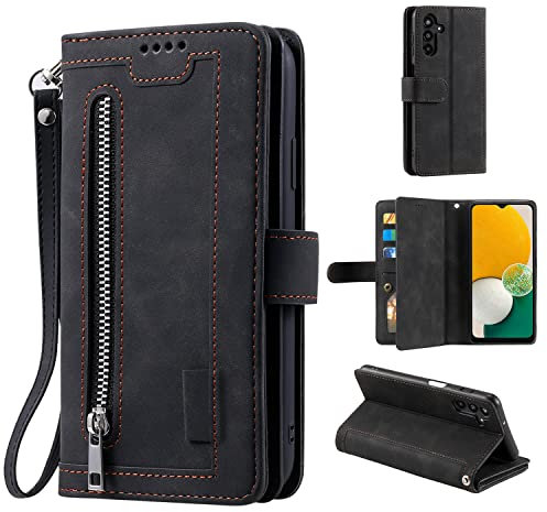 EYZUTAK Wallet Phone Case for Samsung Galaxy A54 5G, Retro Matte 9 Card Holder Slots Zipper Pocket Case PU Leather Magnetic Closure Kickstand with Wrist Strap Folio Flip Case - Black