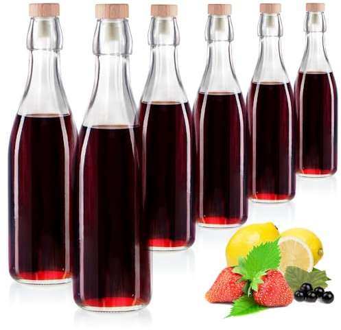 com-four® 6x Glasflasche 500 ml mit Korken - leere Flasche mit Korkenverschluss - Glasbehälter zum Befüllen mit Flüssigkeiten wie Öl, Essig und Spirituosen (schmal - 500ml)
