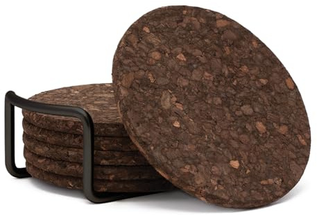 Thirstystone Set of 6 Thick Dark Cork Coasters in Attractive Black Coaster Holder 4.7 Round Durable Absorbent Easily Wipes Clean