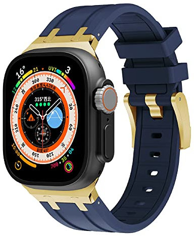 VeveXiao Correa resistente de diseño de lujo compatible con Apple Watch Ultra Band de 49mm 45mm 44mm 42mm, correa de silicona impermeable de repuesto para iWatch Series 8 7 6 5 4 3 2 1 SE, Azul dorado
