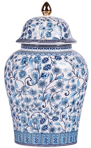 XINGYAN Pot à gingembre chinois avec couvercle style chinoiserie antique, décoration d'intérieur rétro bleu et blanc en porcelaine avec fleurs en céramique, style traditionnel chinois Ming et Qing