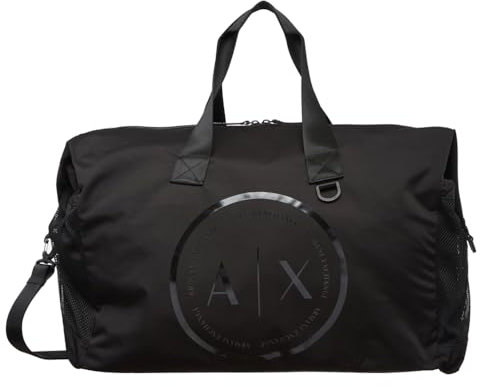 Armani Exchange Men's Antigua, Sustainable, Glossy Circular Logo Duffle, Black