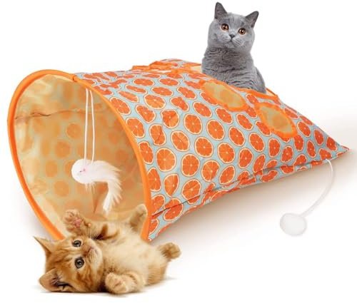 KUIDAMOS Katzenspielzeug Katzentunnel Katzentunnel-Papiertüte mit Plüschball Tunnel für Katzen mit 5 Löcher, Knittertunneltasche für Katzen, Interaktive Katze Bohrer Tasche Spielzeug (Orange)