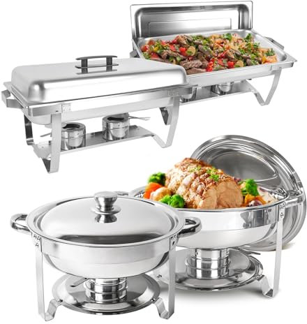 IMACONE Set di 4 scaldavivande rettangolari e rotondi da 1,5 l, in acciaio inox, per catering, scaldavivande e buffet, con padella per cibo e acqua, coperchio, supporto per carburante per eventi,