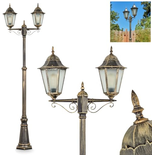 HOFSTEIN Kandelaber Hongkong, Außenwegeleuchte aus Metall/Milchglas in Schwarz-Gold, Wechselscheiben Klar, Wegeleuchte im Landhaus/Antik/Retro/Vintage-Design für Garten, Hof, max. 245cm, 2 x E27, IP44