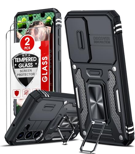 LeYi Cover per Samsung Galaxy S23 con Vetro Temperato [2 Pack],Custodia con Protezione Fotocamera [Slidable] Antiurto Grado Militare 360° Anello Supporto TPU Bumper Silicone Custodie, Nero