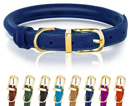 Hundehalsband aus gerolltem Leder - Leder Welpenhalsbänder für kleine Hunde Katzen - Runde Hundehalsbänder für mittelgroße Hunde - Weich Gepolstert (43-53cm, Blau)