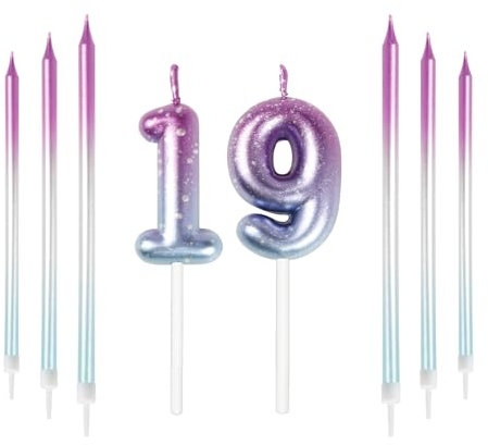 Mciskin 19th Birthday Number Kerzen Dekorationen Bunte 19 Kerze mit Rosa Lila Lange Kerzen Kuchen Kerzen Kuchen Topper Dekorationen für Jungen Mädchen Männer Frauen Geburtstagsfeier Hochzeit Jubiläum
