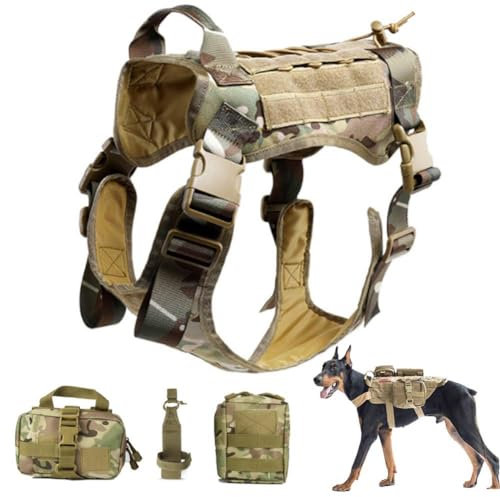 COMOCE Taktische Hundeweste Service Hundegeschirr MOLLE Pet Service Arbeitsweste Militärische Molle Weste Kein Ziehen, Mit Tragegriff Und Abnehmbaren Taschen Für Mittelgroße Und Große Hunde,Camo-L