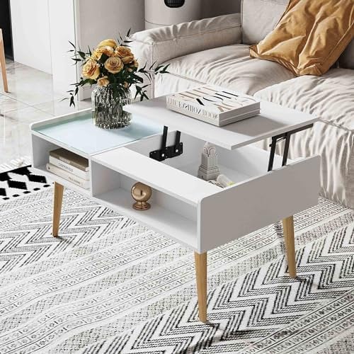Makika Mesa de Centro Elevable con Compartimento Oculto - Mesa de café Mesa Baja Rectangular de Madera y Cristal Mueble para Salón Dormitorio y Oficina en Blanco