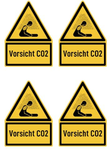 Aufkleber: 150x100 mm, 4 Stück - Vorsicht CO2 - Warnzeichen mit Text (deutsch) (gelb/schwarz) - Dreick - W041 - DIN EN ISO 7010 / ASR A1.3