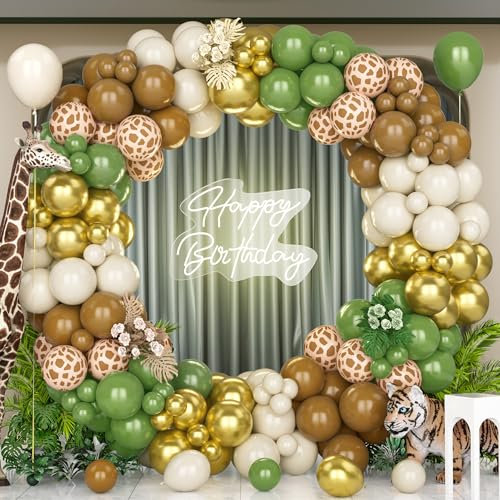 Unisun Kit Arco Palloncini Giungla Safari, 140 Pezzi Ghirlanda Palloncini Oro Verde Salvia con Palloncini Motivo Cervo Animali per Decorazione Festa Compleanno Baby Shower Anniversario Festa Tema
