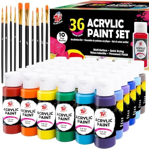 TBC Acrylfarben Set 36 x 60ml Acrylic Paint Set mit 10 Pinseln Wasserfest und Lichtecht Schnell Trocknend, Acrylfarbe für DIY Stein, Keramik, Holz, Leinwand