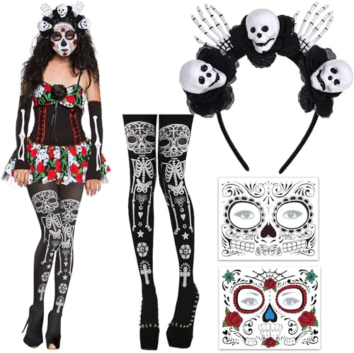 Día De Los Muertos Totenkopf Haarreifen Damen mit 2 Halloween Gesichtstattoo & 1 Strumpfhose Halloween Kopfschmuck Blumen Schwarz Haarschmuck Set für Halloween, Karneval und Fasching