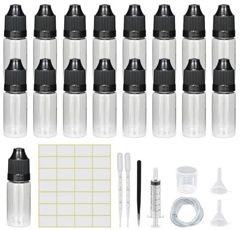 Tropfflasche Leer Plastikflaschen Reiseflasche Liquidflaschen Quetschflaschen Dosier-flaschen mit Kindersicherung Deckel Inkl. Trichter Messbecher Etiketten Transfer Pipette (10ml×30 Transparent)
