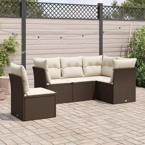 Faroom Balkon Ecklounge mit Stauraum Gartenlounge Klein Balkon Lounge Rattan Sofa Balkonsofa Kleiner Balkon Sitzecke Balkon Loungemöbel Gartensofa Ecksofa Balkonmöbel Braun und Creme 5-tlg-Type-500