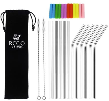 Reusable Straw - Metal Straws - 12-Piece Stainless Steel Straw Set with Silicone Tips, Pouch, Long Drinking Straws, 2 Cleaning Brushes Perfect for a Smoothie, Milkshake, Cocktail & More