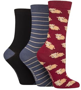 SockShop Ladies Soft, Cooling & Breathable Bamboo Feather Textured Patterned Socks in a Multipack of 3 Pairs Size 4-8 (UK, Numeric, 4, 8, Regular, Regular, Highland Cow)