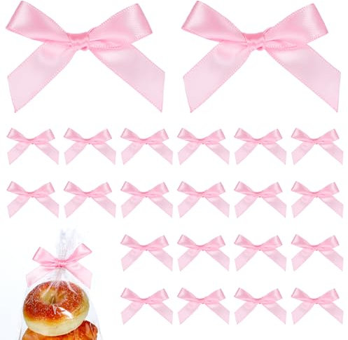 100 Stück Rosa Schleifenband Satinband Mit Kabelbindern - Mini Schleifen zum Binden - Handgefertigte Deko für DIY Geschenkverpackung, Hochzeit, Geburtstag, Snackbeutel, Keks, Bonbontüten