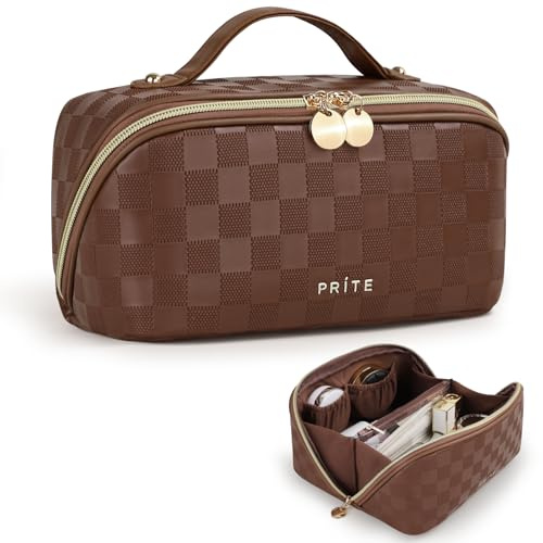 Prite Trousse de maquillage pour femme - Trousse de voyage étanche en cuir végétalien - Trousse de toilette à ouverture plate avec séparateur transparent et poignée (carreau brun)