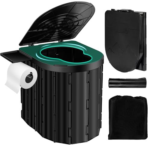 Toilette da Campeggio, Toilette Mobile Extra Large con Coperchio, Toilette separata, Toilette Portatile per Esterni o Interni, con portarotolo e Vassoio per Telefono - Nero