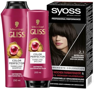 SYOSS Color Coloration 2_1 Schwarzbraun Stufe 3 (1x 115 ml) bis zu 10 Wochen Farbintensität & Gliss Shampoo Colour Perfector (250 ml) & Spülung (200 ml) für gesträhntes & gefärbtes Haar